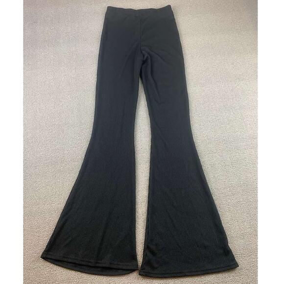 Nasty Gal Collection Ribbed Flared Knit Pants Women 4 Black High Waist Pull On - Picture 1 of 7
